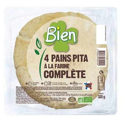 Bien Pain Pita Bio à la Farine Complète, 4x80g