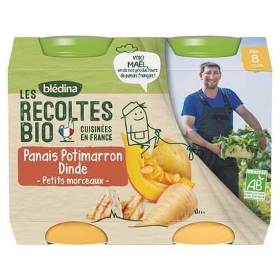 Blédina - Les Récoltes Bio Panais, Potimarron et Dinde Bio Pot Bébé Dés 8 mois, 2x200g