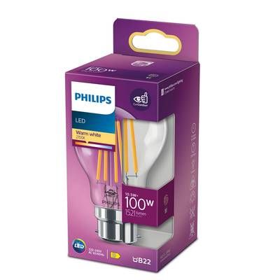 Philips Ampoule B22- 10,5W LED Classique Transparente Blanc Chaud, B22  100W