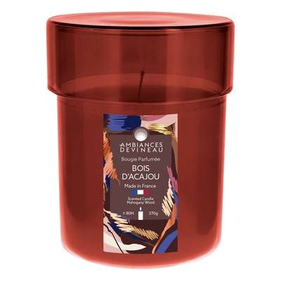 Ambiances Devineau Bonbonnière laquée prune avec capot transparent rempli de bougie parfumée Bois d'Acajou, 1 bougie