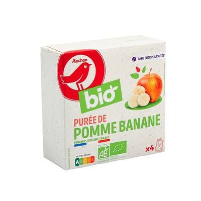 Auchan BIO Gourdes purée de pomme banane sans sucres ajoutés bio, 4x90g