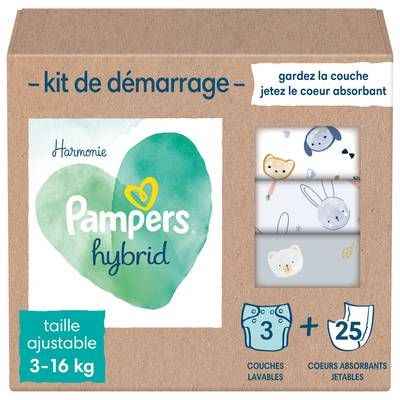 Pampers Hybrid Kit de démarrage - Taille ajustable 3/16 kg, 3 couches lavables + 25 coeurs absorbants jetables