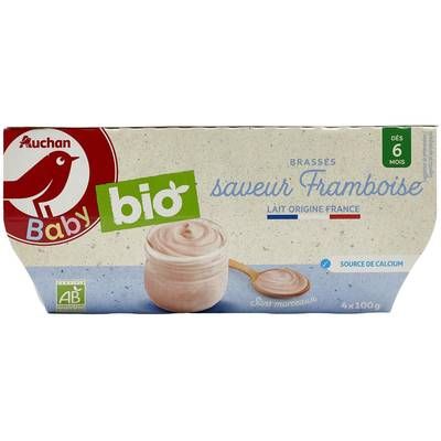 Auchan Baby Bio Dessert Lacté Brassé Framboise Bio Coupelles Bébé dès 6 mois, 4x100g