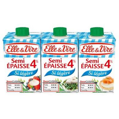 Elle&Vire Crème 4% Mg Extra Légère Semi Epaisse UHT, 3x20cl