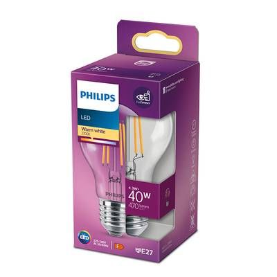Philips Ampoule E27-4,3W LED Classique Transparente Blanc Chaud, E27  40W