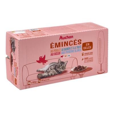 Auchan Sachets émincés en gelée viandes et poissons pour chat et chat stérilisé, 48x100g