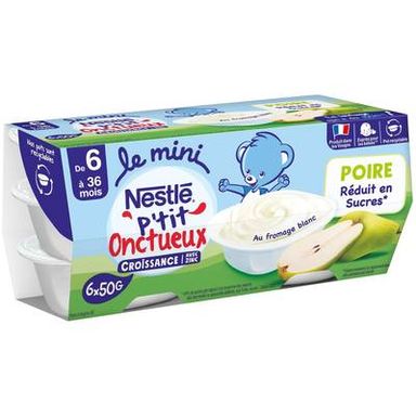 Nestlé - P'tit Onctueux Mini Dessert Lacté Poire Fromage Blanc Coupelle Bébé Dès 6 mois, 6x50g