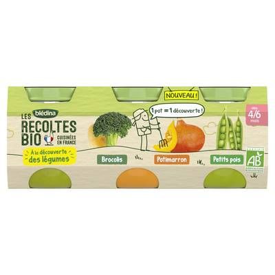Blédina - Les Récoltes Bio Brocolis, Potimarron, Petits Pois Bio Pots Bébé Dès 4 mois, 3x130g