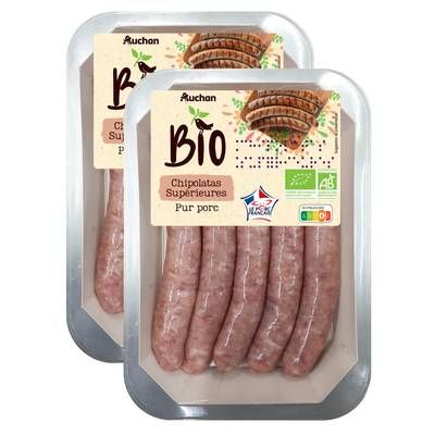 Auchan BIO Chipolatas Supérieures Pur Porc Bio, Lot de 2x275g