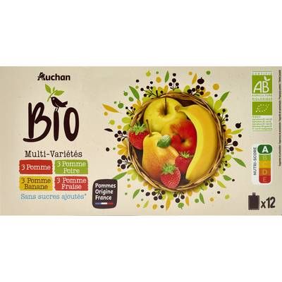 Auchan BIO Gourdes purée de fruits multivariétés sans sucres ajoutés bio, 12x90g