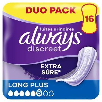 Always Discreet Serviettes Hygiéniques Fuites Urinaires Long Plus Extra Sûre, 16 serviettes