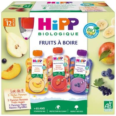 Hipp - Fruits à Boire 3 Variétés Purée de fruits et jus de fruits Bio Gourde Bébé Dès 12 mois, 8x12cl