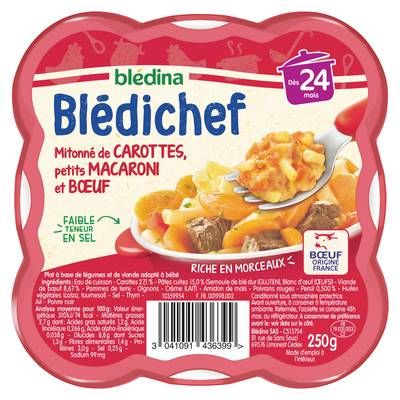 Blédina - Blédi'chef Mitonné de Carottes Petits Macaronis et Boeuf Assiette Bébé 24 mois, 250g