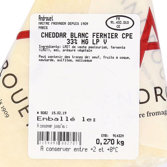 2159393000000 - Androuet, Maître Fromager - Cheddar Fermier 33%MG - Lait de vache pasteurisé