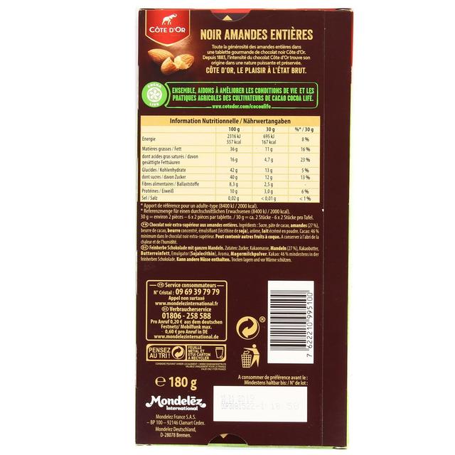 7622210995100 - Côte d'Or - Chocolat bloc noir amandes entières