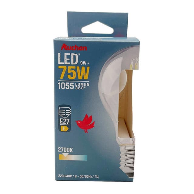 3665257387600 - Auchan - Ampoule E27 - 9W LED Classique Blanc Chaud transparent