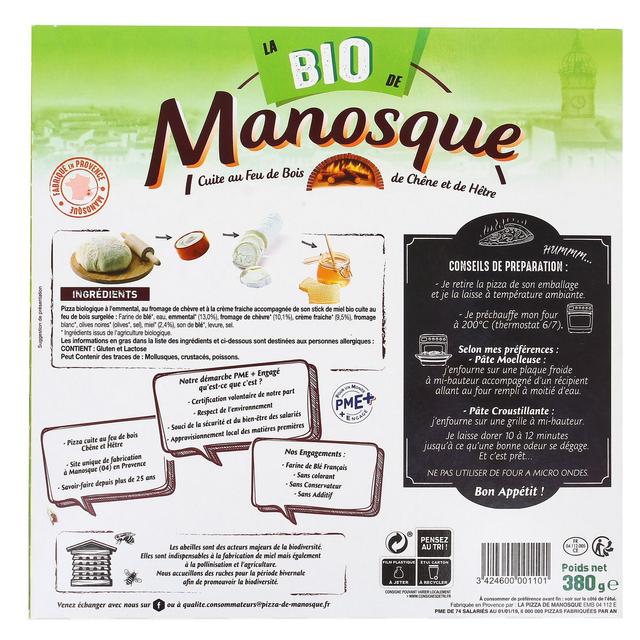 3424600001101 - La Pizza De Manosque - Pizza Bio Chèvre Miel base crème cuite au feu de bois de chêne et de hêtre
