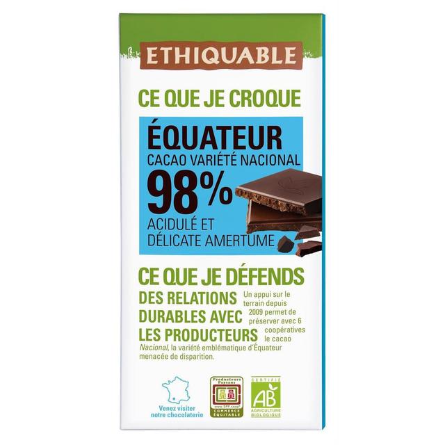 3760091725301 - Ethiquable - Commerce Equitable - Chocolat Noir 98% Cacao Bio de l'Equateur