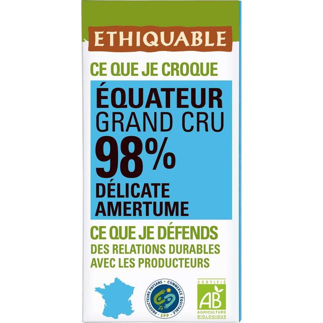 3760091725301 - Ethiquable - Commerce Equitable - Chocolat Noir 98% Cacao Bio de l'Equateur