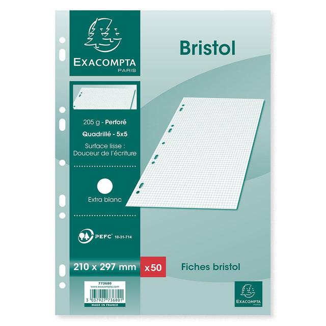 3037927736801 - Exacompta - Fiches bristol A4 21x29,7 cm petits carreaux perforées