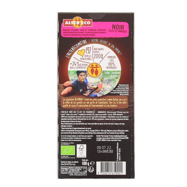 3700214619001 - Alter Eco - Commerce Equitable - Chocolat noir éclats de framboises 60% Cacao Bio du Pérou