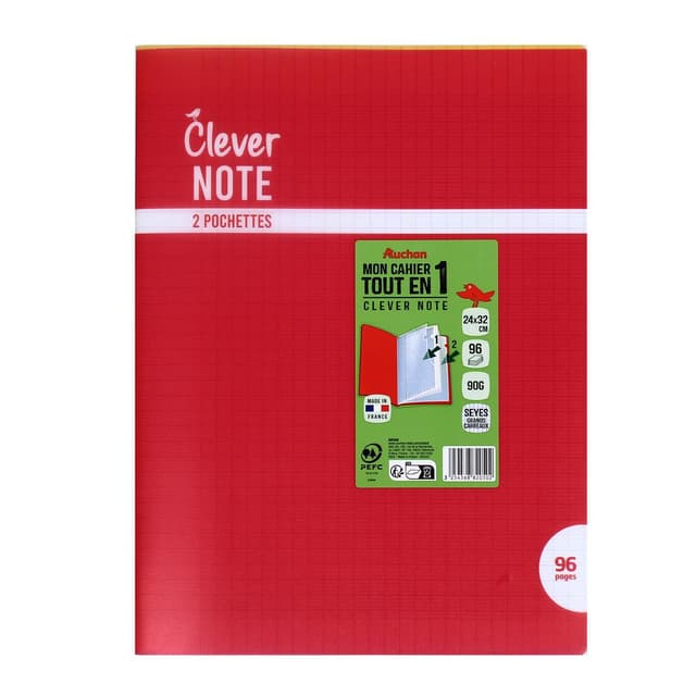 3254568820502 - Auchan - Cahier tout en 1 Clever Note 24x32, 2 pochettes, 96 pages, grands carreaux