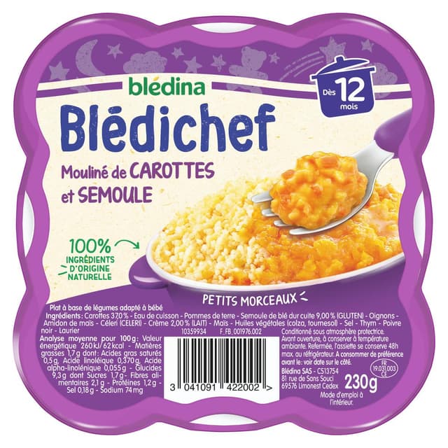 3041091422002 - Blédina - Blédi'chef - Mouliné de Carottes et Semoule Assiette Bébé Dès 12 mois