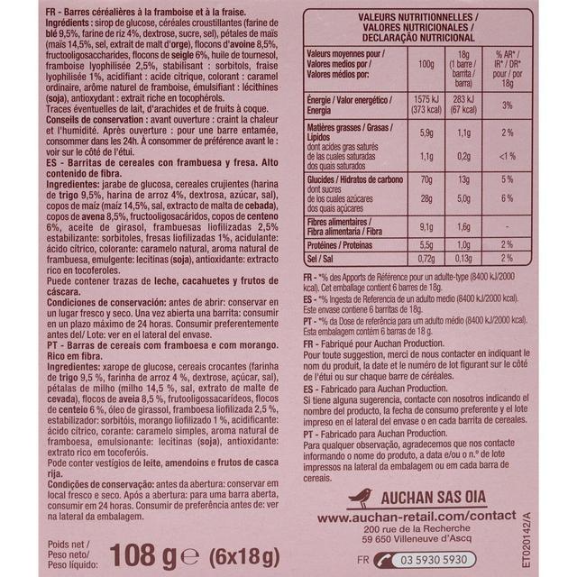 3596710497102 - Auchan - Barres de céréales à la framboise et à la fraise