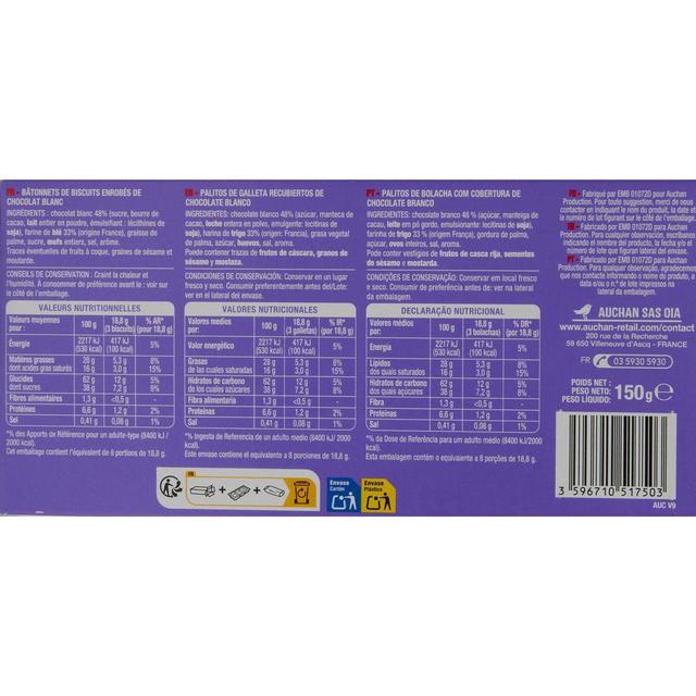 3596710517503 - Auchan - Bâtonnets nappés de chocolat blanc