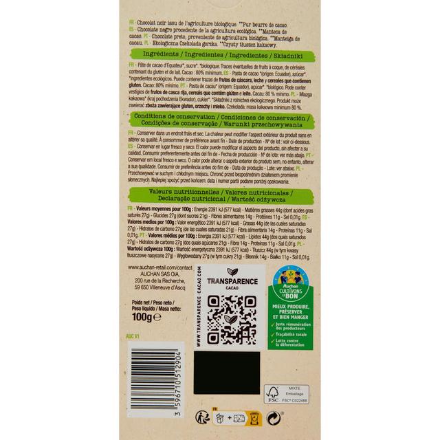 3596710512904 - Auchan BIO - Tablette de chocolat noir 80% cacao Equateur Bio