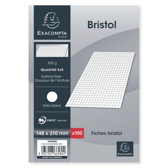 3037927665804 - Exacompta - Fiches bristol 14,8 x 21 cm blanches à petits carreaux non perforées