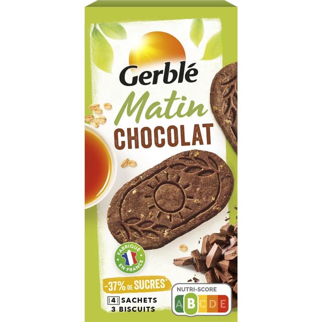 3175681297104 - Gerblé - 12 Biscuits Matin Chocolat -46% de sucres en moins