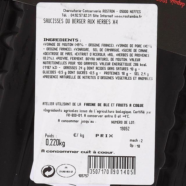 3507170901405 - Rostain - Saucisses du Berger Bio aux Herbes de Provences