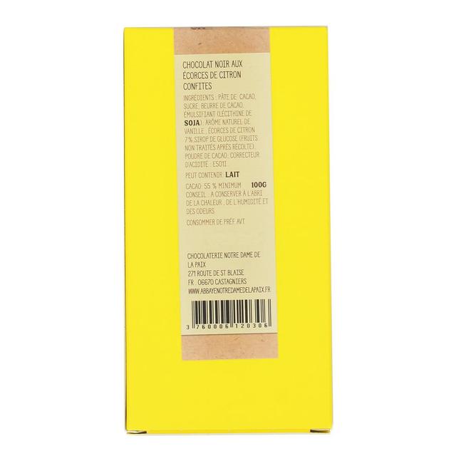 3760006120306 - Abbaye Notre Dame de Castagniers - Chocolat Noir 55% aux écorces de citron
