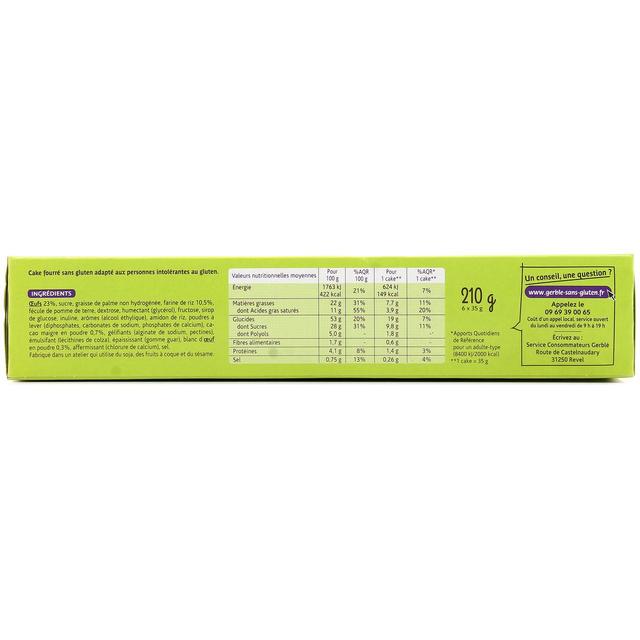 3175681072206 - Gerblé Sans Gluten Sans Lactose - 6 Cakes fourrés saveur Chocolat Noisettes -30% de sucres en moins sans gluten et sans lactose