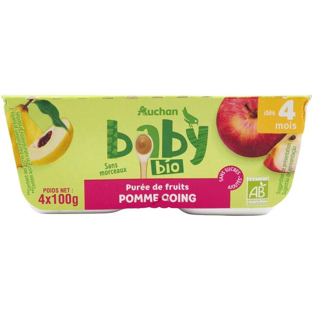 3596710476206 - Auchan Baby Bio - Dessert Pomme Coing Bio Coupelles Bébé dès 4 mois
