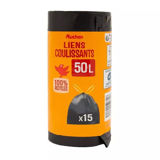 3596710528806 - Auchan - Sacs poubelle avec liens coulissants 50L