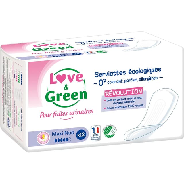 3700668701208 - Love & Green - Serviettes Écologiques Maxi Nuit pour Fuites Urinaires