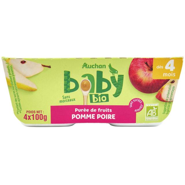 3596710475209 - Auchan Baby Bio - Dessert Pomme Poire Bio Coupelles Bébé dès 4 mois