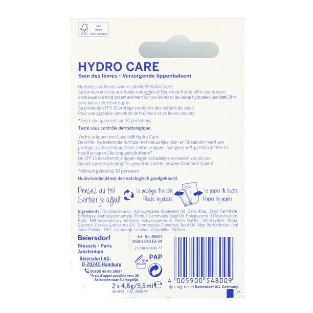 4005900548009 - Labello - Baume lèvres - Duo - Hydro care aux huiles naturelles