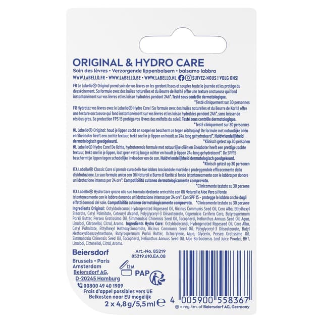 0000042438809 - Labello - Stick à lèvres Hydratation 24h Huiles Naturelles Original Hydro Care