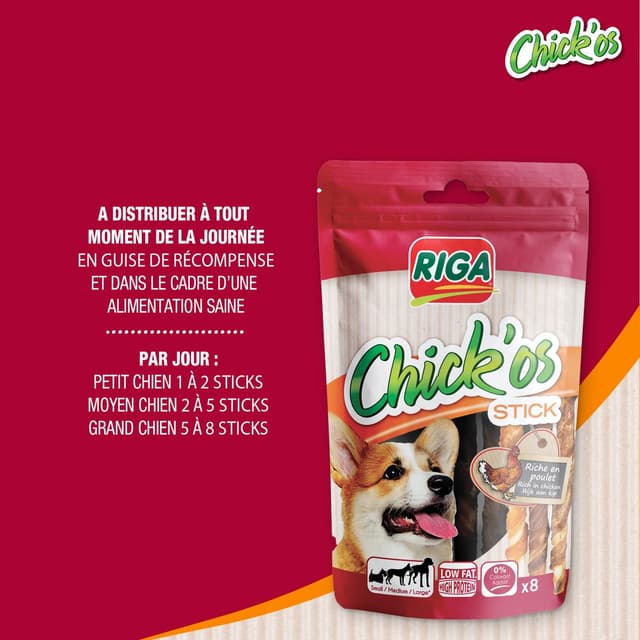 3166780060010 - Riga Chick'Os - Sticks au Poulet - Friandise Récompense pour chien x8