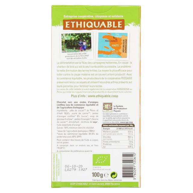 3760091720610 - Ethiquable - Commerce Equitable - Chocolat Noir Orange confite 65% Cacao Bio du Pérou ou Haïti