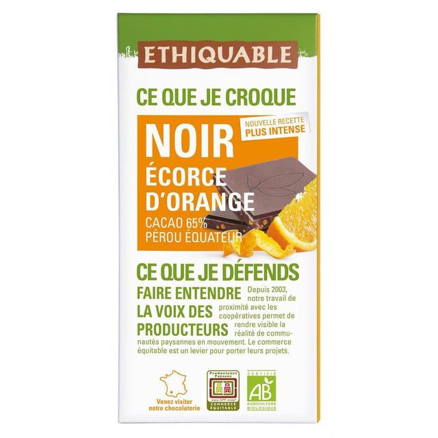 3760091720610 - Ethiquable - Commerce Equitable - Chocolat Noir Orange confite 65% Cacao Bio du Pérou ou Haïti