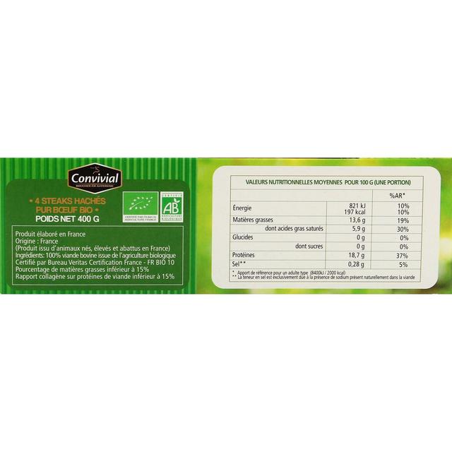 3463490012910 - Convivial - Steaks hachés façon bouchère pur boeuf Bio 15%mg
