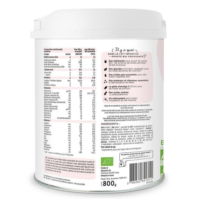 3760262841311 - Popote - Lait de Croissance Bio 3ème âge en Poudre, Dès 10 Mois