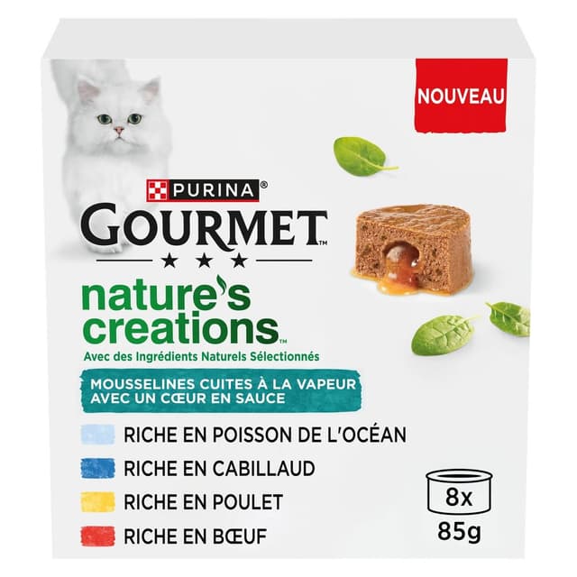 8445290985811 - Purina - Gourmet Nature's Creation - Boites Mousselines coeur en sauce poisson, poulet et boeuf pour chat