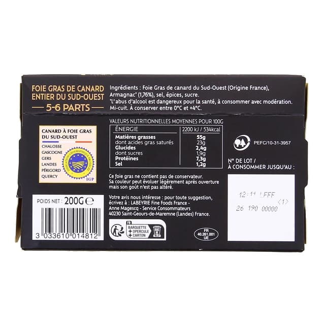 3033610014812 - Labeyrie - Foie Gras de Canard Entier de Dégustation
