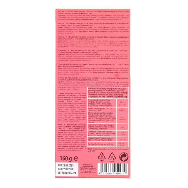 9120060950914 - Realmix - Tablette de chocolat rose Dubai à la framboise fourré barbe à papa, pistache et cheveux d'anges