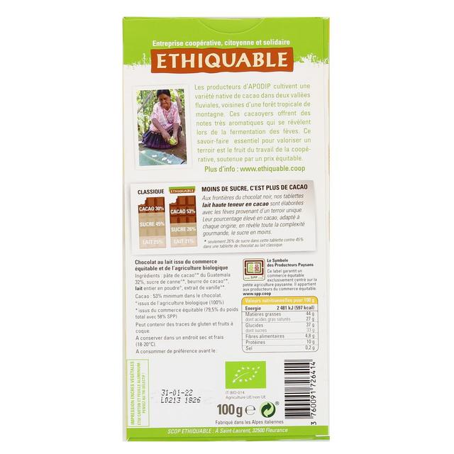 3760091726414 - Ethiquable - Commerce Equitable - Chocolat lait 53% cacao Bio du Guatemala